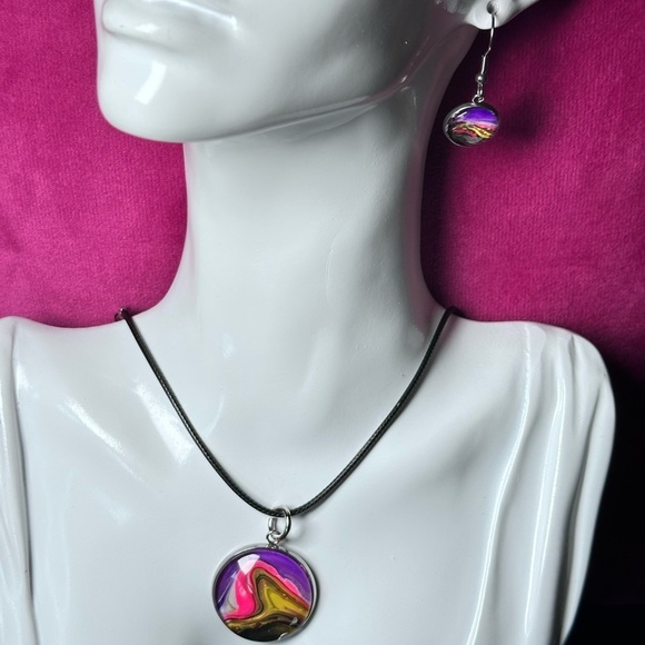 Vibrant Original Acrylic Pour Paint Abstract Art signed Jewelry Set 4185 B - Picture 7 of 11